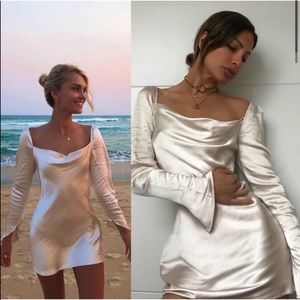 Princess Polly Star Power Champagne Long Sleeve Satin Silky Mini Dress